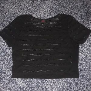 Black short sleeve crop top with mesh stripes